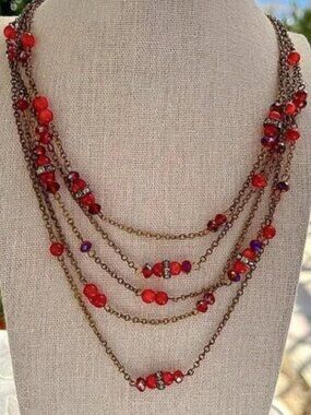 Coldwater Creek Multistrand Red & Brass Necklace